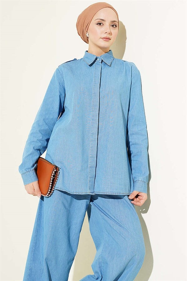 Light Blue Denim 2 Piece Set with Shoulder Epaulets and Concealed Button Closure.