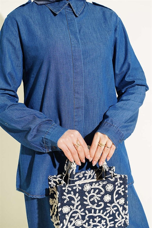 Denim 2 Piece Set with Shoulder Epaulets and Concealed Buttons, Blue