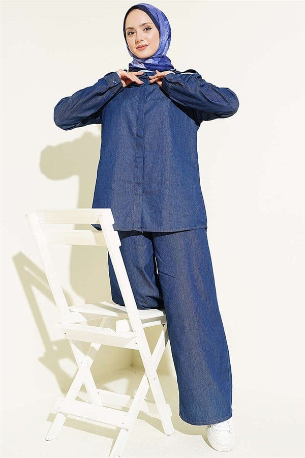 Dark Blue Denim 2 Piece Set with Shoulder Epaulets and Concealed Button Closure