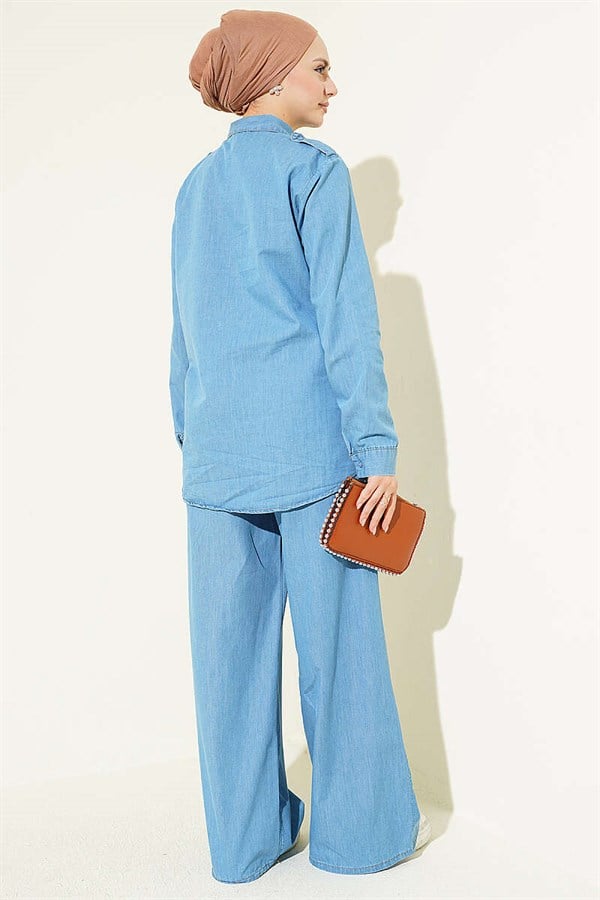 Light Blue Denim 2 Piece Set with Shoulder Epaulets and Concealed Button Closure.