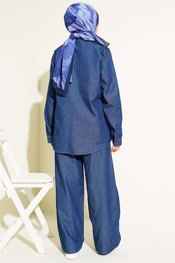 Dark Blue Denim 2 Piece Set with Shoulder Epaulets and Concealed Button Closure