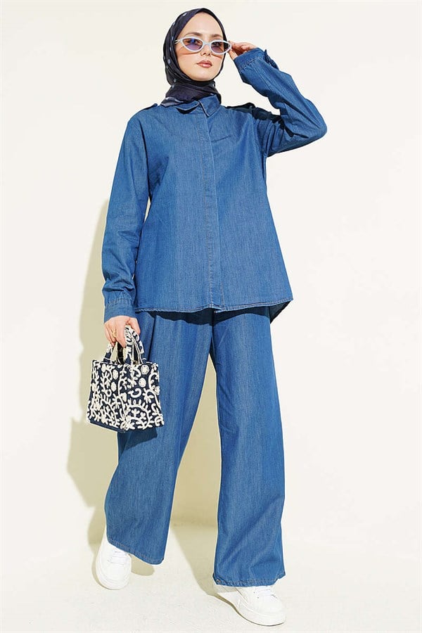 Denim 2 Piece Set with Shoulder Epaulets and Concealed Buttons, Blue