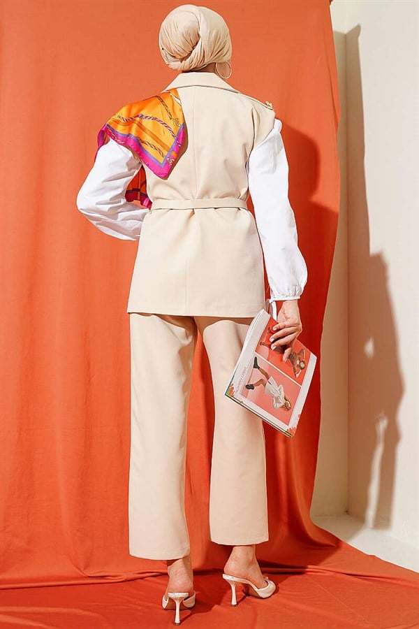 Beige Vest 2 Piece Set with Shoulder Epaulets and Gold Buttons