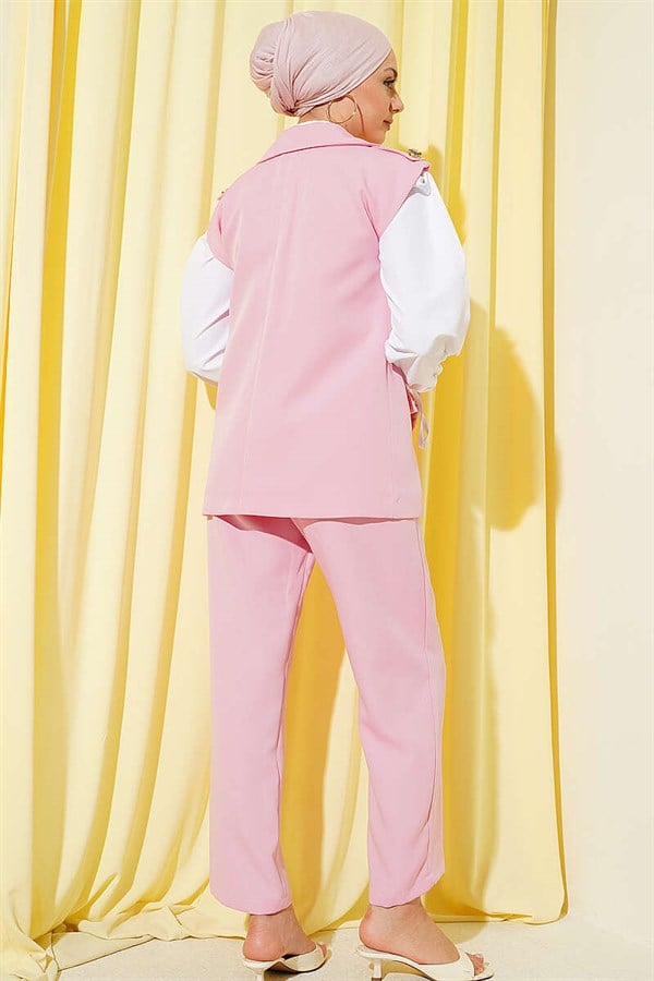 Pink Vest 2 Piece Set with Shoulder Epaulets and Gold Buttons
