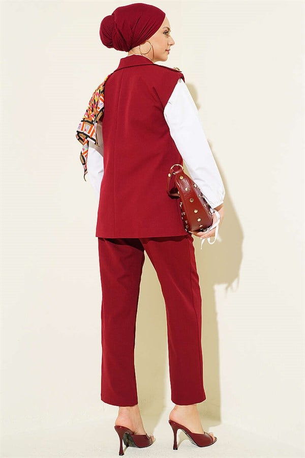 Burgundy Vest 2 Piece Set with Shoulder Epaulets and Gold Buttons