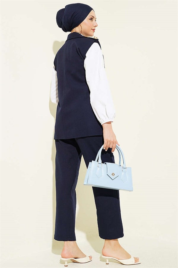 Navy Blue Vest 2 Piece Set with Shoulder Epaulets and Gold Buttons