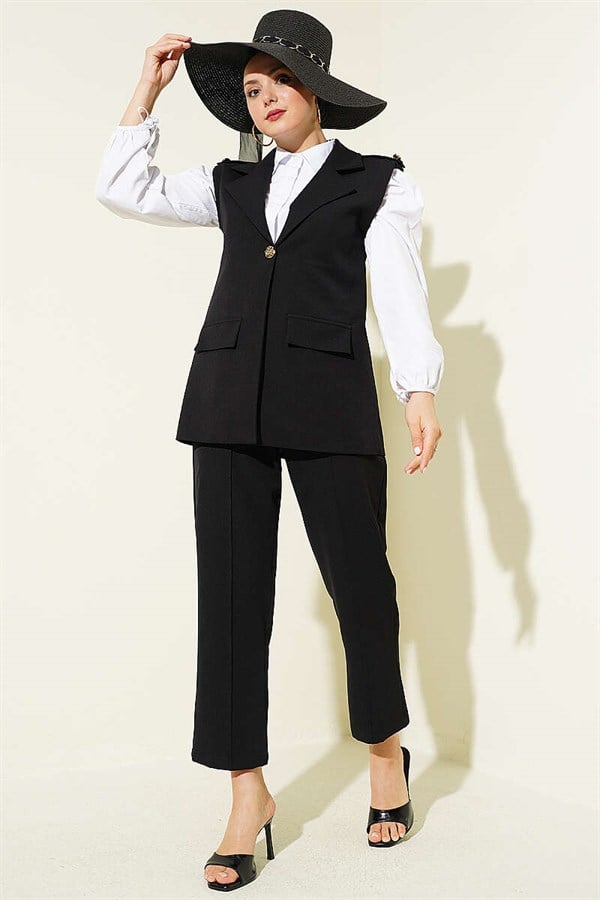 Black Vest 2 Piece Set with Shoulder Epaulets and Gold Buttons