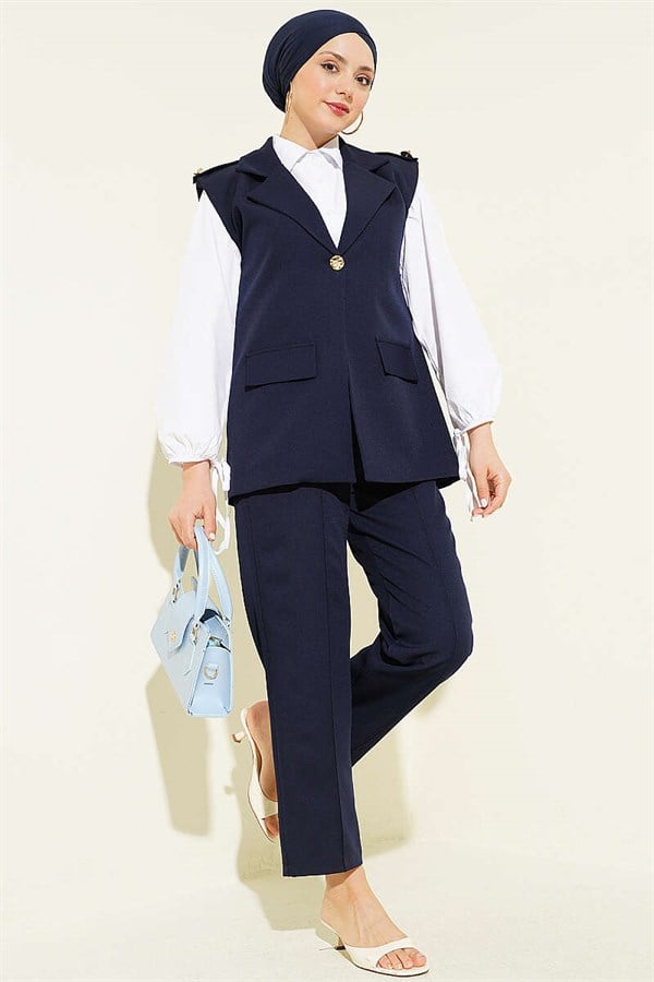 Navy Blue Vest 2 Piece Set with Shoulder Epaulets and Gold Buttons