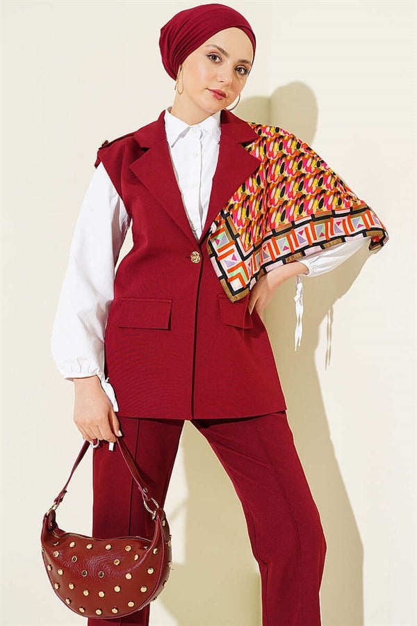 Burgundy Vest 2 Piece Set with Shoulder Epaulets and Gold Buttons