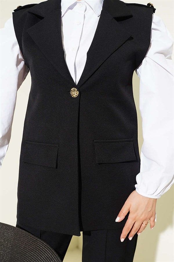 Black Vest 2 Piece Set with Shoulder Epaulets and Gold Buttons