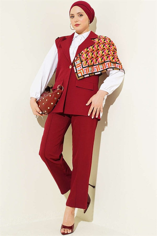 Burgundy Vest 2 Piece Set with Shoulder Epaulets and Gold Buttons