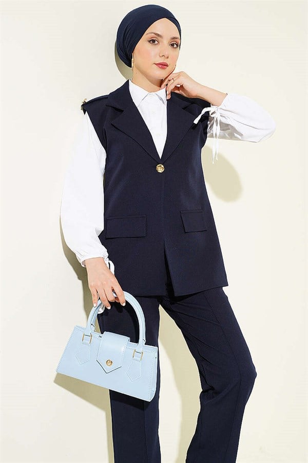 Navy Blue Vest 2 Piece Set with Shoulder Epaulets and Gold Buttons