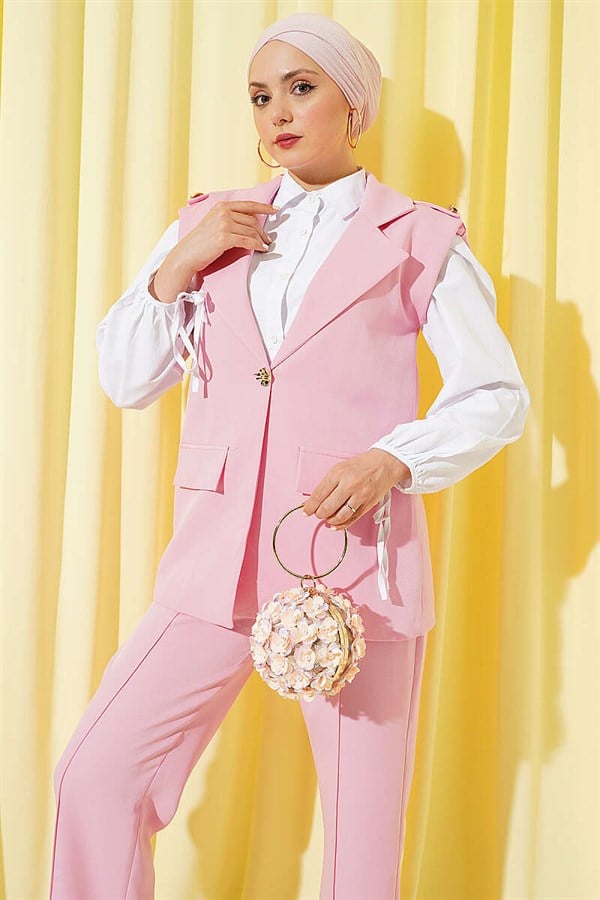 Pink Vest 2 Piece Set with Shoulder Epaulets and Gold Buttons