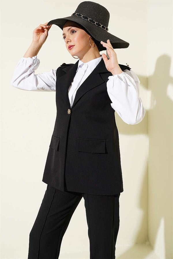 Black Vest 2 Piece Set with Shoulder Epaulets and Gold Buttons
