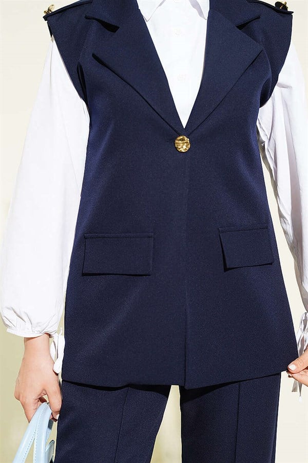 Navy Blue Vest 2 Piece Set with Shoulder Epaulets and Gold Buttons