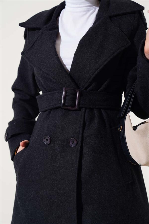 Short Cashmere Coat with Shoulder Epaulets Anthracite