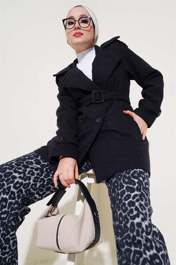 Short Cashmere Coat with Shoulder Epaulets Anthracite