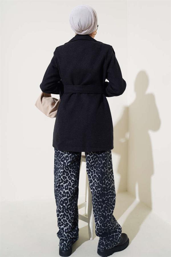 Short Cashmere Coat with Shoulder Epaulets Anthracite