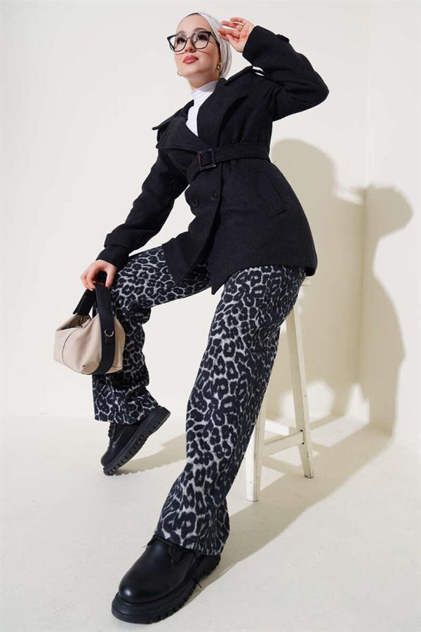 Short Cashmere Coat with Shoulder Epaulets Anthracite