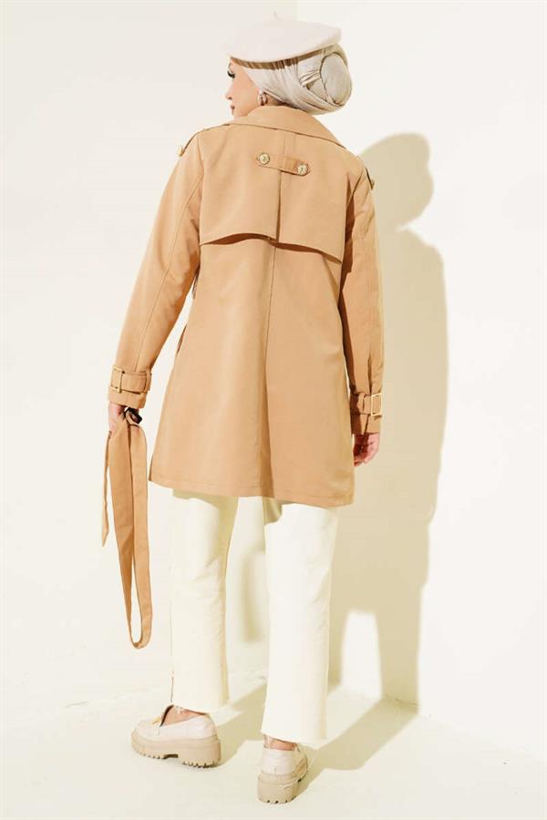 Short Trench Coat with Shoulder Epaulets Camel