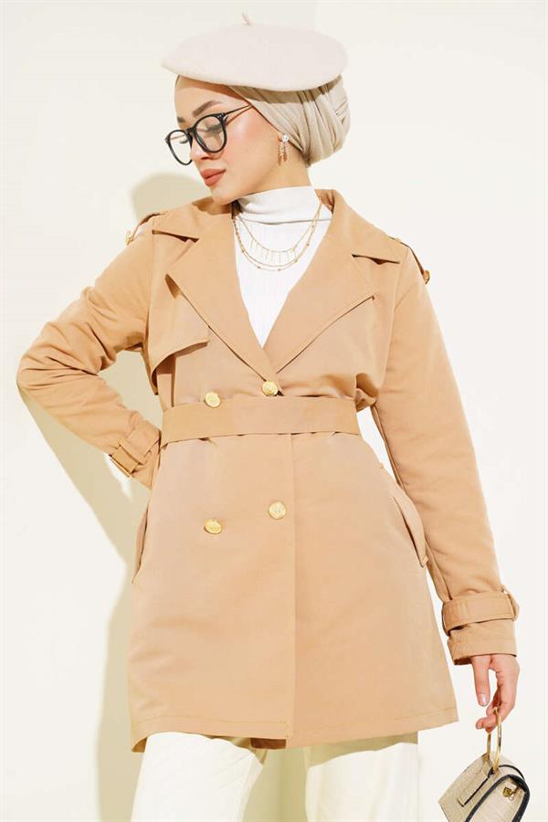Short Trench Coat with Shoulder Epaulets Camel