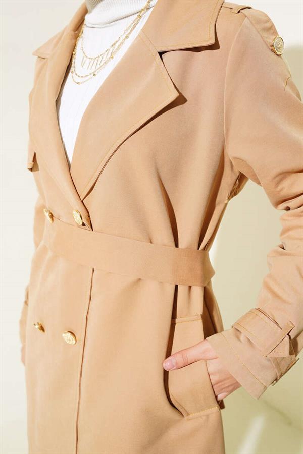 Short Trench Coat with Shoulder Epaulets Camel