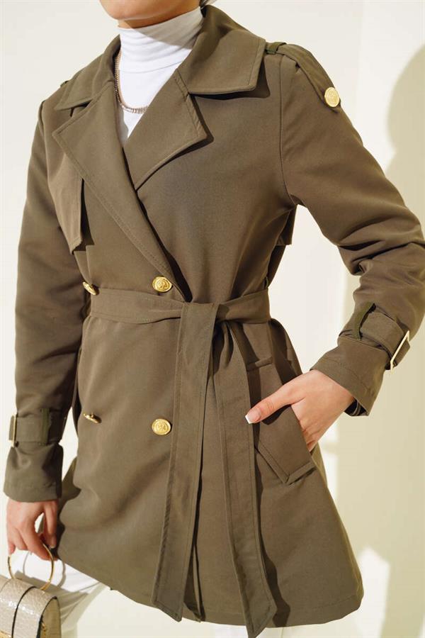 Short Trench Coat with Shoulder Epaulets Khaki