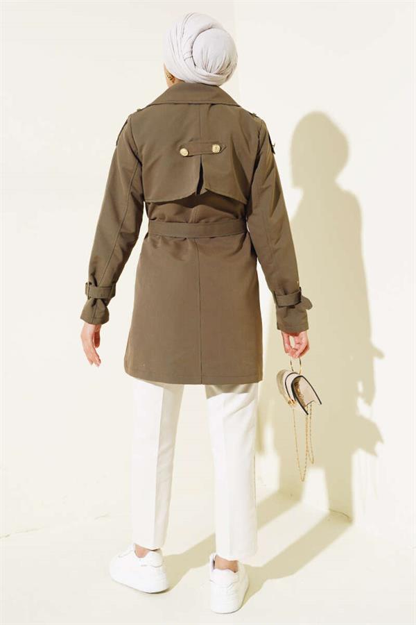 Short Trench Coat with Shoulder Epaulets Khaki