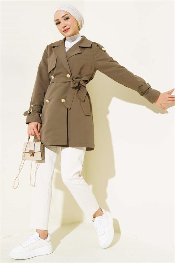 Short Trench Coat with Shoulder Epaulets Khaki