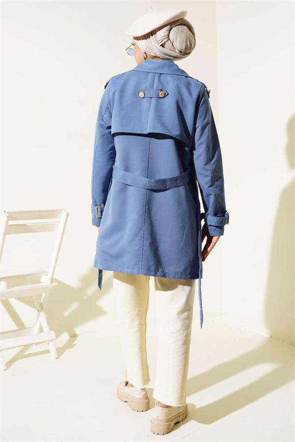 Short Trench Coat with Shoulder Epaulets Indigo