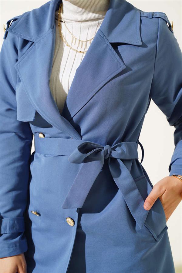 Short Trench Coat with Shoulder Epaulets Indigo