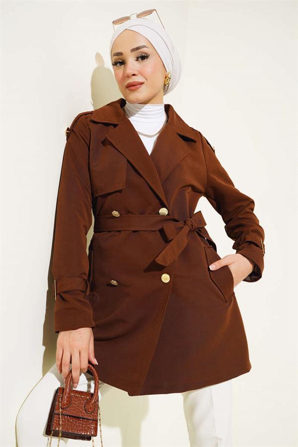 Short Trench Coat with Shoulder Epaulets Brown