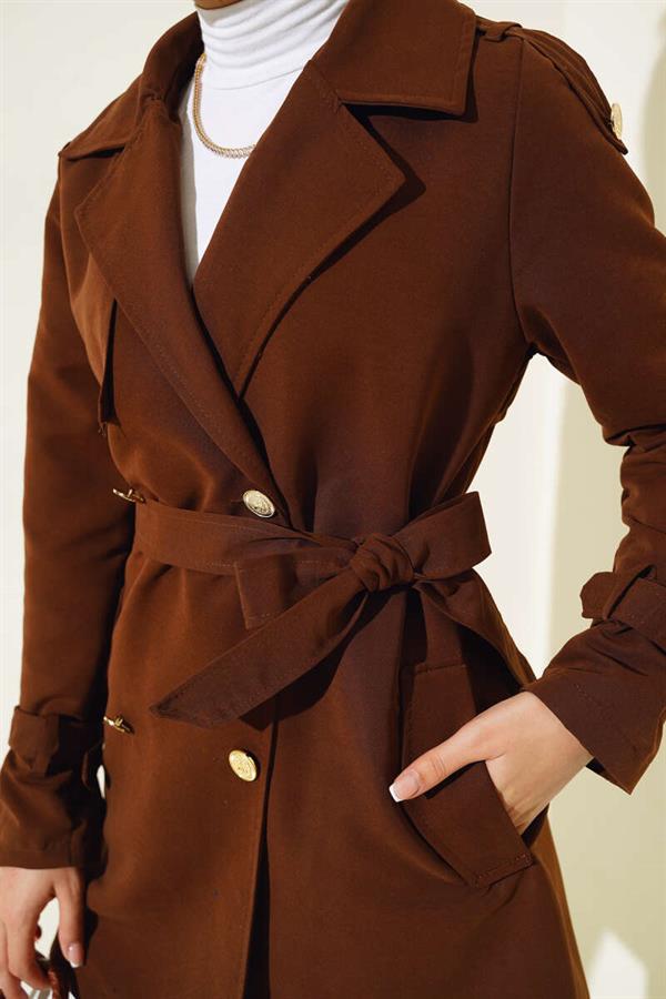 Short Trench Coat with Shoulder Epaulets Brown