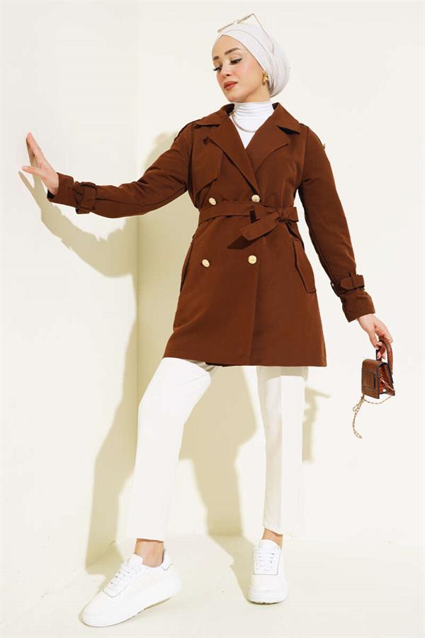 Short Trench Coat with Shoulder Epaulets Brown