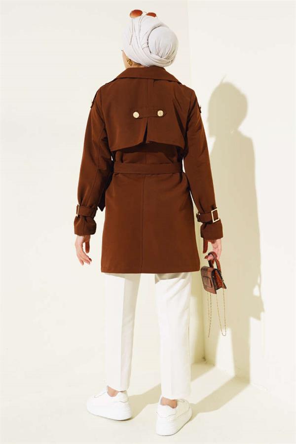 Short Trench Coat with Shoulder Epaulets Brown