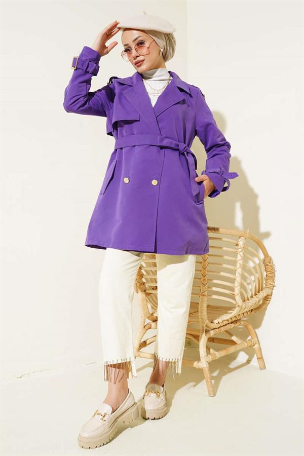 Short Trench Coat with Shoulder Epaulets Violet