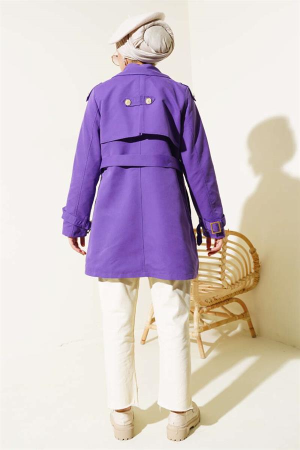 Short Trench Coat with Shoulder Epaulets Violet