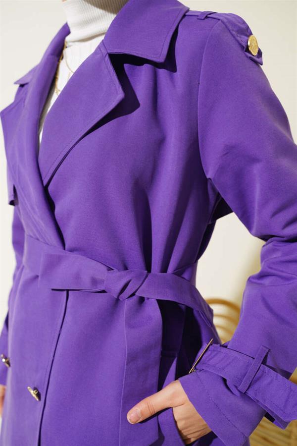 Short Trench Coat with Shoulder Epaulets Violet