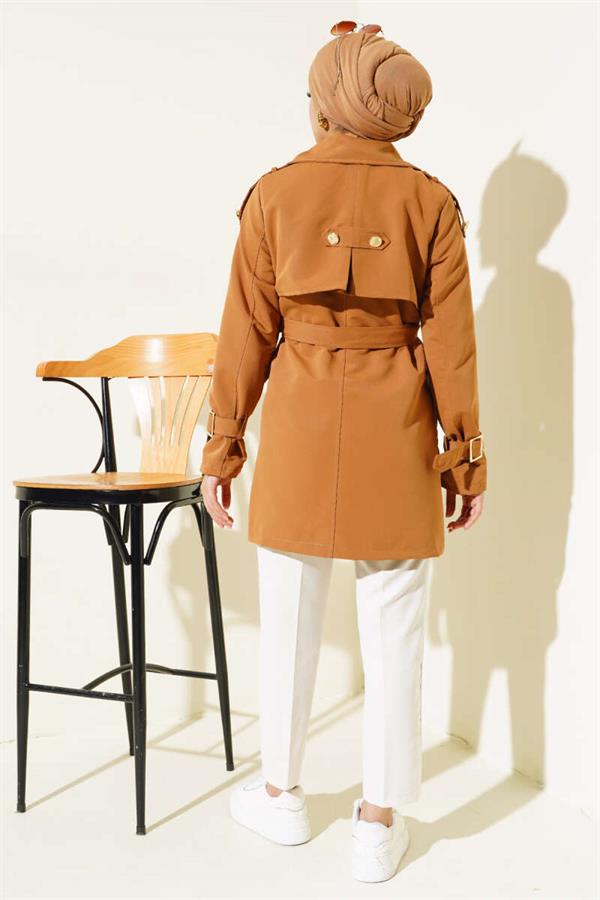 Short Trench Coat with Shoulder Epaulets Tan