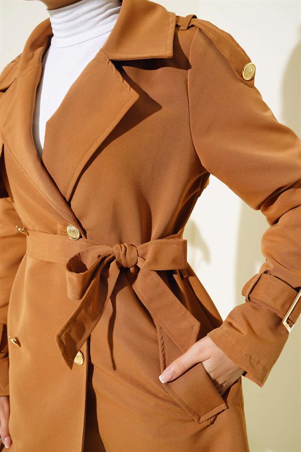 Short Trench Coat with Shoulder Epaulets Tan