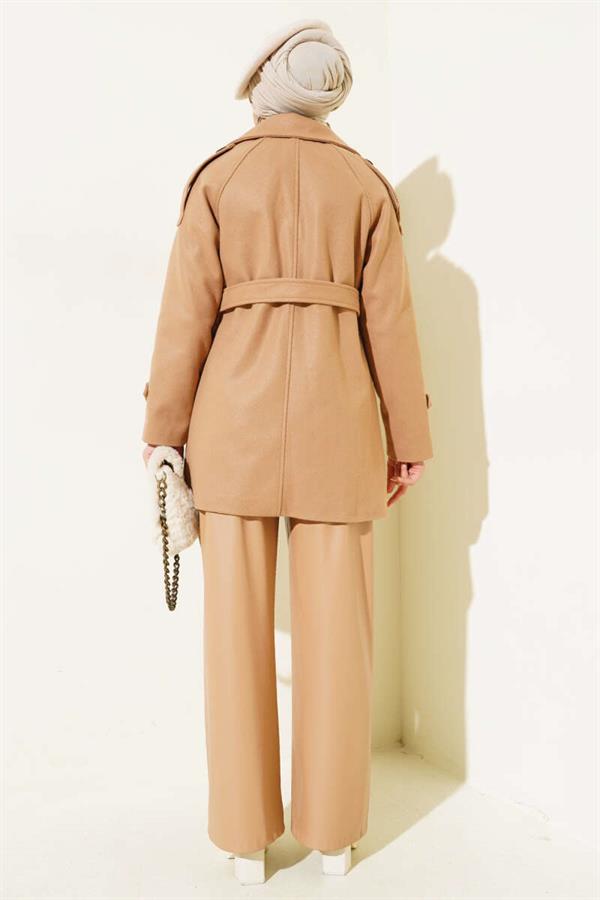 Shoulder Epaulette Belted Short Cashmere Coat Camel