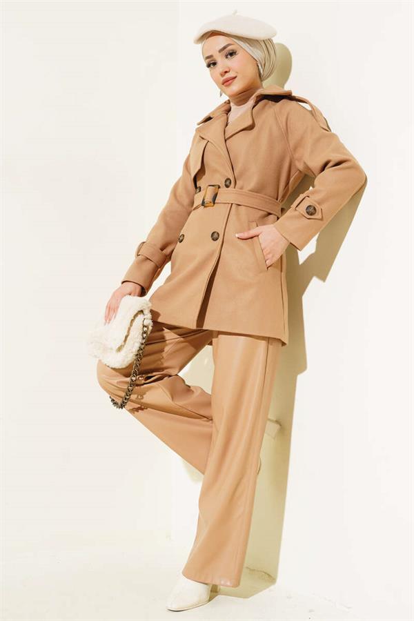 Shoulder Epaulette Belted Short Cashmere Coat Camel