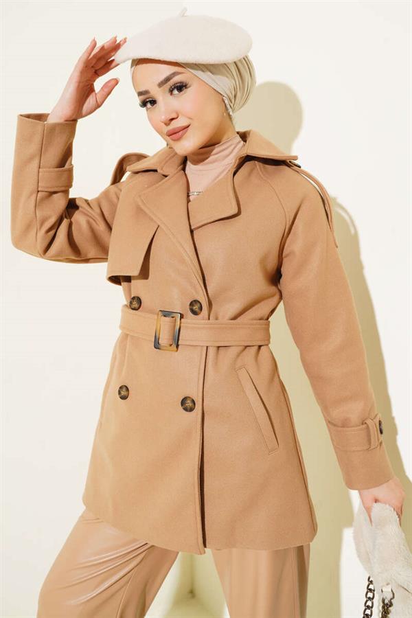 Shoulder Epaulette Belted Short Cashmere Coat Camel
