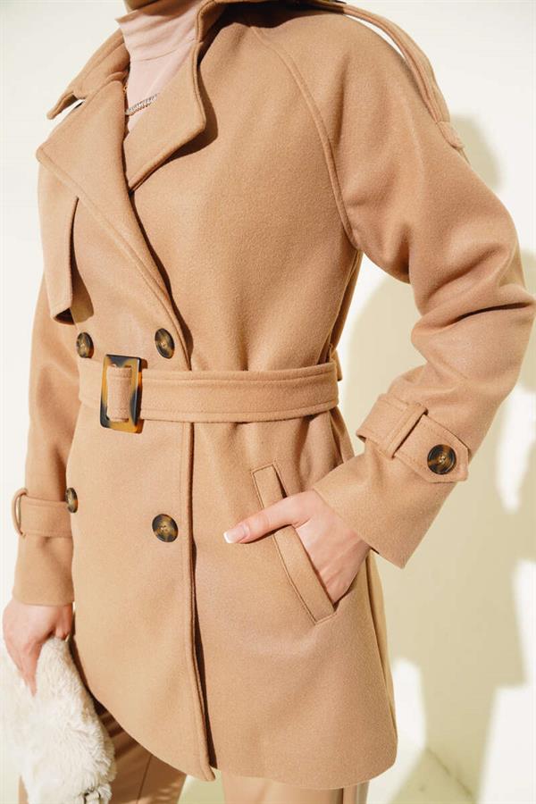 Shoulder Epaulette Belted Short Cashmere Coat Camel
