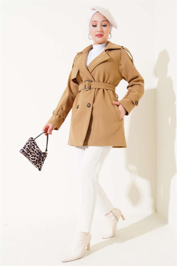Shoulder Epaulette Belted Short Cashmere Coat Latte