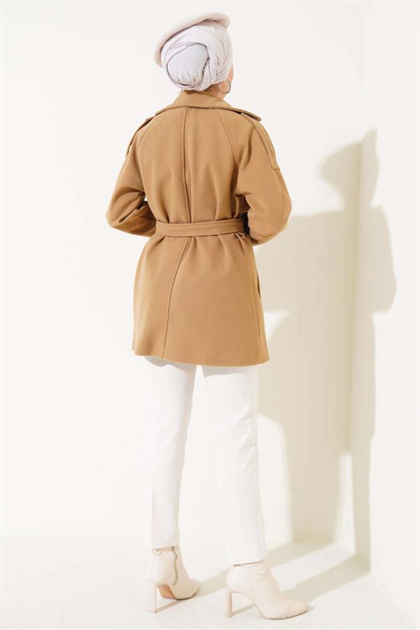 Shoulder Epaulette Belted Short Cashmere Coat Latte