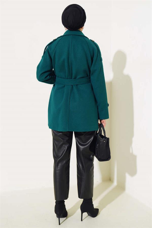 Shoulder Epaulette Belted Short Cashmere Coat Emerald