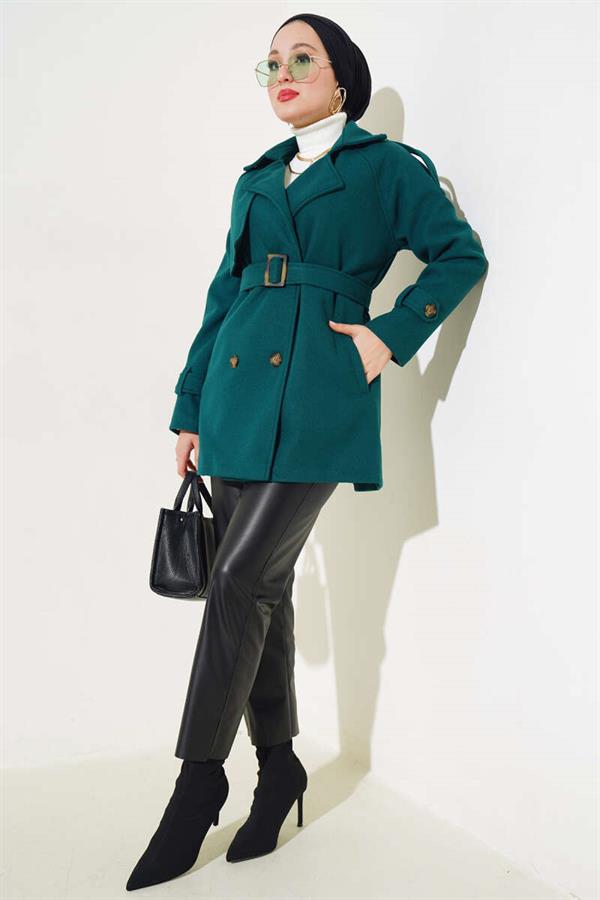Shoulder Epaulette Belted Short Cashmere Coat Emerald