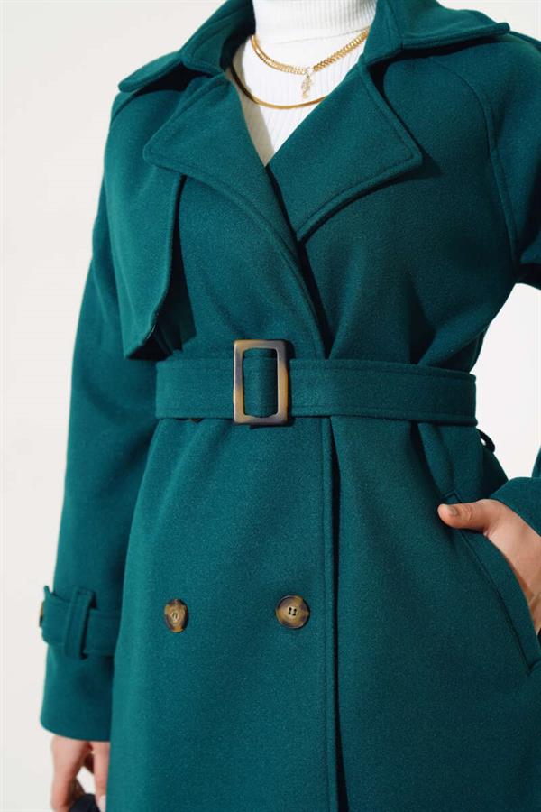 Shoulder Epaulette Belted Short Cashmere Coat Emerald