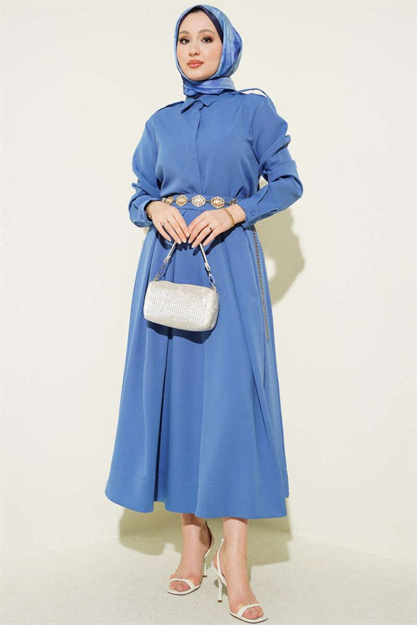 2 Piece Set with pleated skirt and shoulder epaulets, blue.